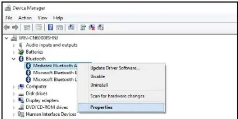 Device Manager File Action View Help WIN-CN60G0DISHNJ Audio inputs and outputs Batteries Bluetooth Mediatek Bluetooth A Microsoft Bluetooth E Microsoft Bluetooth L Computer Disk drives Display adapters DVD/CD-ROM drives Human Interface Devices Update Driver Software... Disable Uninstall Scan for hardware changes Properties