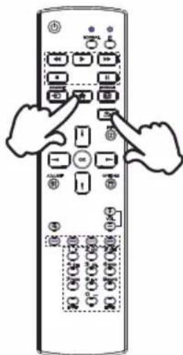 Diagram of a remote control with labeled buttons and icons, showing hand positioning on the right.