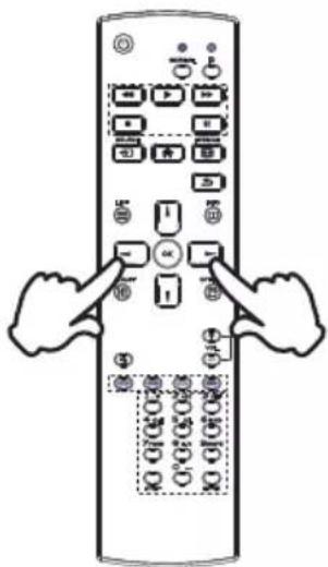 Diagram of a remote control with labeled buttons and ports, showing hands pointing to function keys.