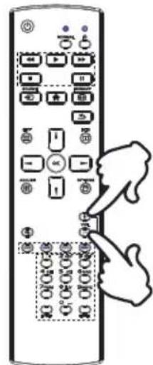 Diagram of a remote control with labeled buttons and a hand pointing to the button, showing text 'OK' and 'Cancel'.