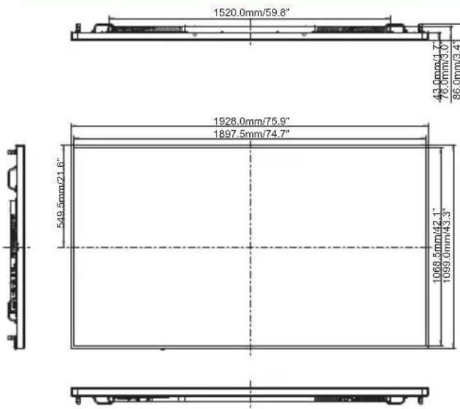 1520.0mm/59.8" 43.0mm/1.7" 76.0mm/3.6" 86.0mm/3.4" 1928.0mm/75.9" 1897.5mm/74.7" 549.5mm/21.6" 1068.5mm/42.1" 1099.0mm/43.3"