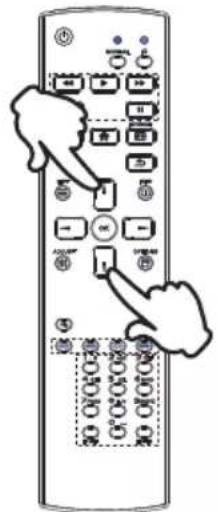 Illustration of a remote control with labeled buttons and hand gestures indicating navigation or function