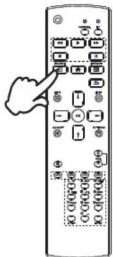 Diagram of a remote control with labeled buttons and a hand pointing to the button, showing navigation arrows.