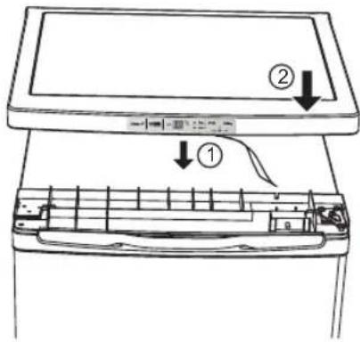 Diagram of a computer monitor with labeled parts and directional arrows indicating assembly or navigation