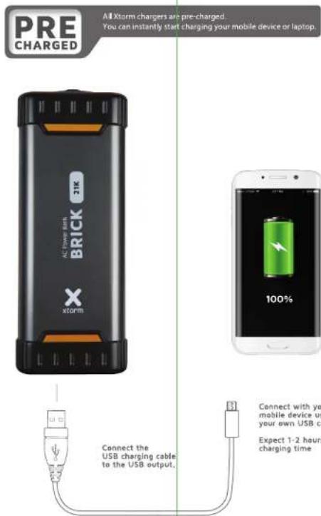 PRE CHARGED All Xtorm chargers are pre-charged. You can instantly start charging your mobile device or laptop. AC Storm Tech BRICK X xtorm Connect the USB charging cable to the USB output. 100% Connect with ye mobile device us your own USB ca Expect 1-2 hours charging time
