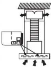 Technical diagram of a mechanical press or lifting device with labeled components and directional arrows indicating motion.