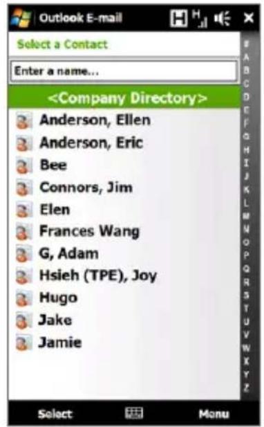 Outlook E-mail Select a Contact Enter a name... Anderson, Ellen Anderson, Eric Bee Connors, Jim Elen Frances Wang G, Adam Hsieh (TPE), Joy Hugo Jake Jamie