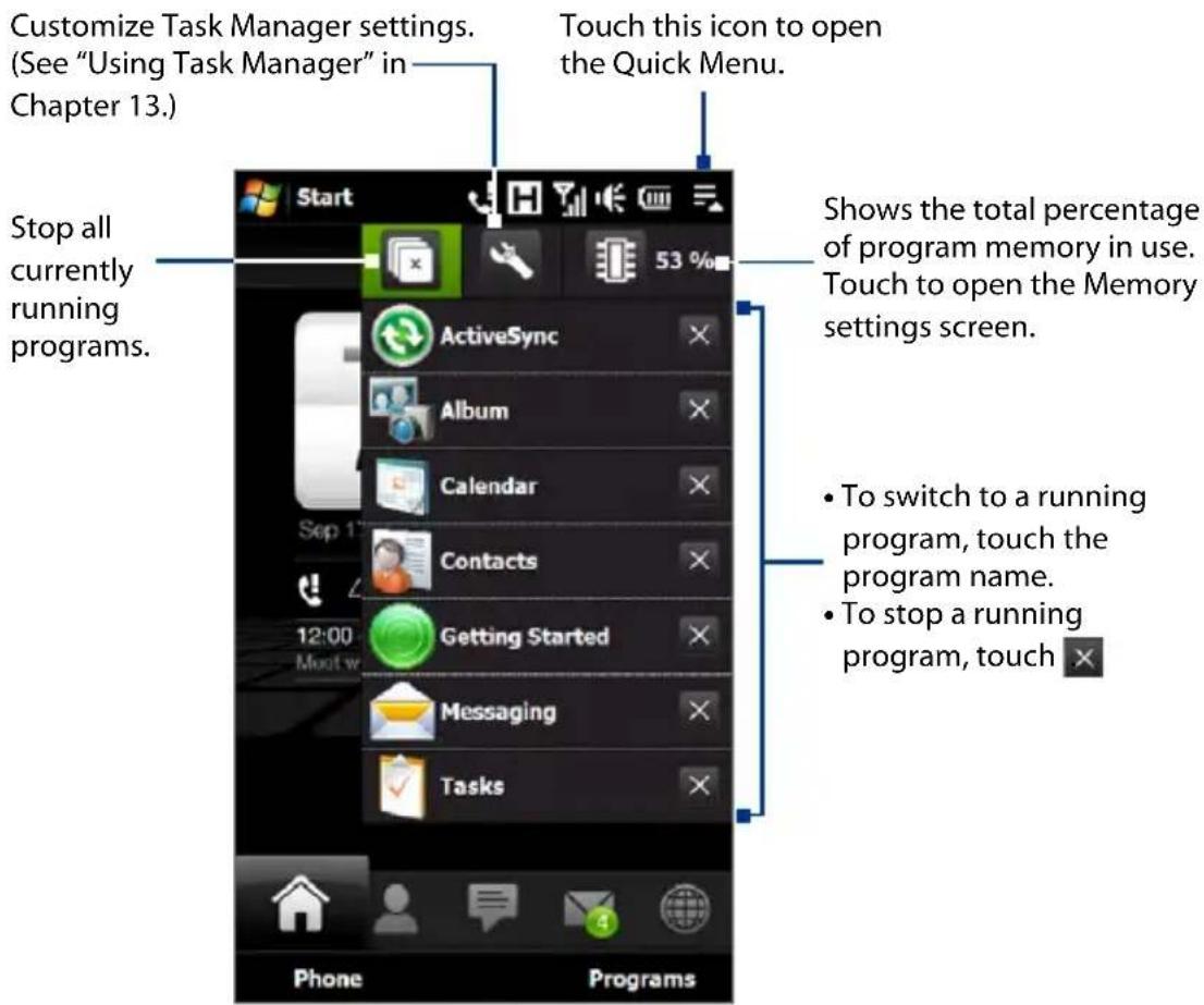 Customize Task Manager settings. (See "Using Task Manager" in Chapter 13.) Touch this icon to open the Quick Menu. Stop all currently running programs. Start 53 % ActiveSync Album Calendar Contacts 12:00 Meeting Getting Started Messaging Tasks Phone Programs Shows the total percentage of program memory in use. Touch to open the Memory settings screen. To switch to a running program, touch the program name. To stop a running program, touch