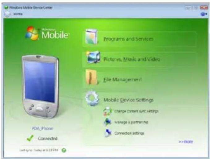 Windows Mobile Device Center Windows Mobile Programs and Services Pictures, Music and Video File Management Mobile Device Settings Change content sync settings Manage a partnership Connector settings PDA_Phone Connected Last date: Today at 01:19:54 >> MORE