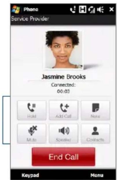 Phone Service Provider Jasmine Brooks Connected: 00:03 Hold Add Call Notes Mite Speaker Contacts End Call Keypad Menu