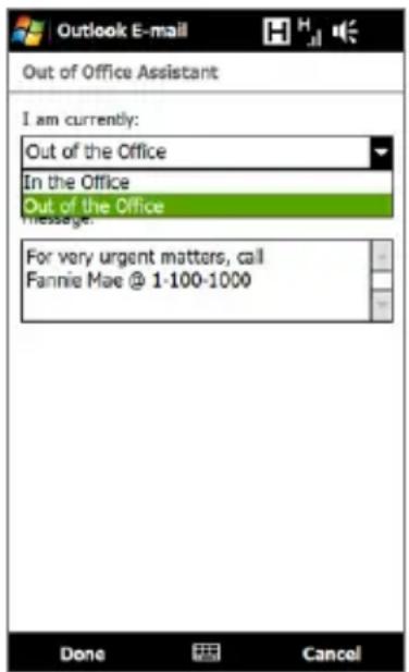 Outlook E-mail Out of Office Assistant I am currently: Out of the Office In the Office Out of the Office Message: For very urgent matters, call Fannie Mae @ 1-100-1000 Done Cancel
