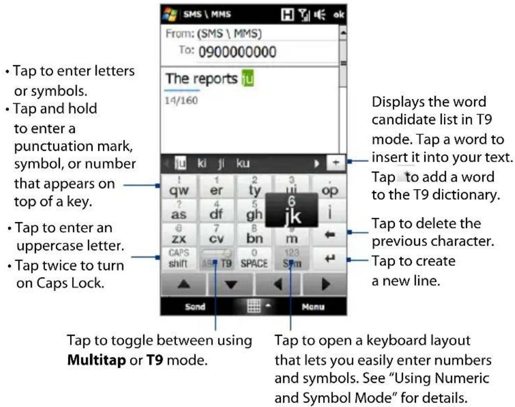 • Tap to enter letters or symbols. • Tap and hold to enter a punctuation mark, symbol, or number that appears on top of a key. • Tap to enter an uppercase letter. • Tap twice to turn on Caps Lock. Tops to toggle between using Multitap or T9 mode. Displays the word candidate list in T9 mode. Tap a word to insert it into your text. Tap to add a word to the T9 dictionary. Tap to delete the previous character. Tap to create a new line. Tap to open a keyboard layout that lets you easily enter numbers and symbols. See "Using Numeric and Symbol Mode" for details.