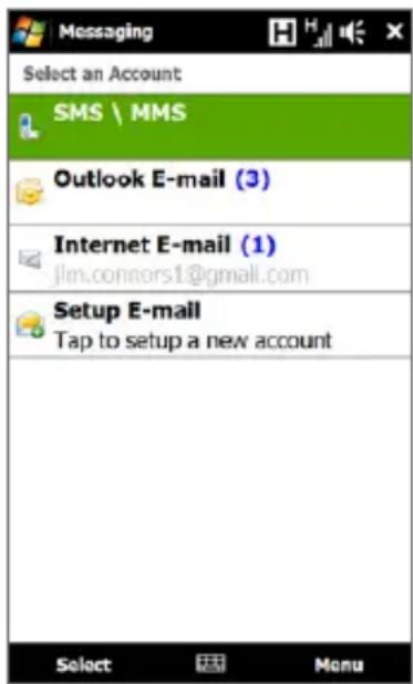 Messaging Select an Account SMS \ MMS Outlook E-mail (3) Internet E-mail (1) jlm.conners1@gmail.com Setup E-mail Tap to setup a new account Select Menu