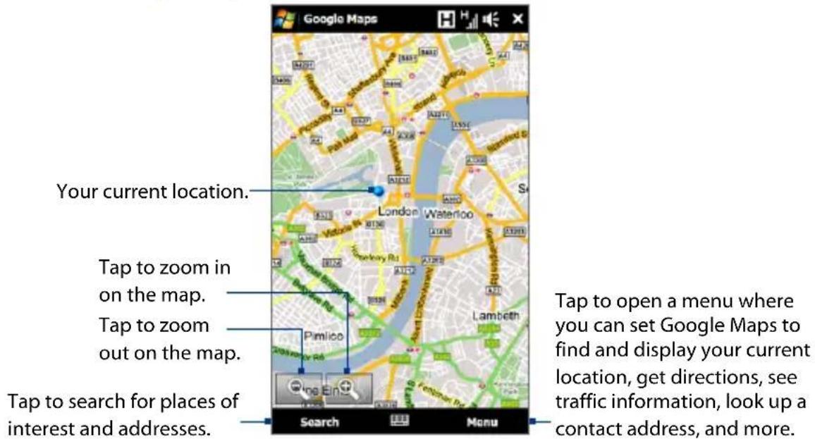 Your current location. Tap to zoom in on the map. Tap to zoom out on the map. Tap to search for places of interest and addresses. Search Menu Tap to open a menu where you can set Google Maps to find and display your current location, get directions, see traffic information, look up a contact address, and more.