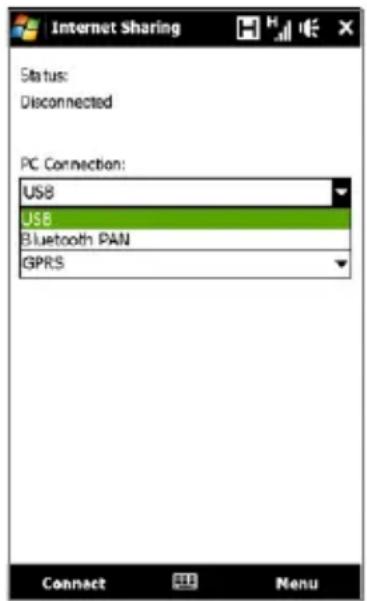 Internet Sharing Status: Disconnected PC Connection: USB USB Bluetooth PAN GPRS Connect Menu