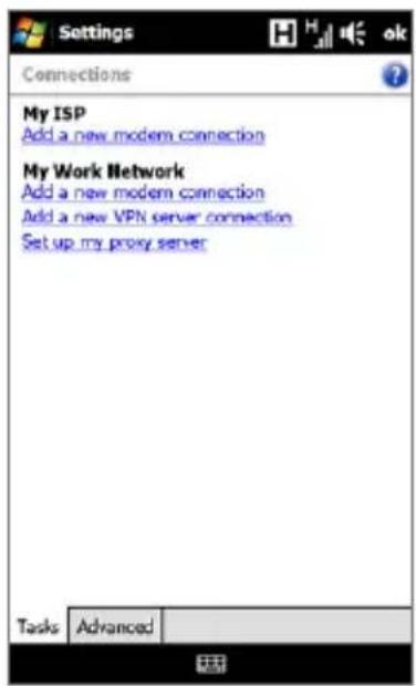 Settings Connections My ISP Add a new modem connection My Work Network Add a new modem connection Add a new VPN server connection Set up my proxy server Tasks Advanced OK