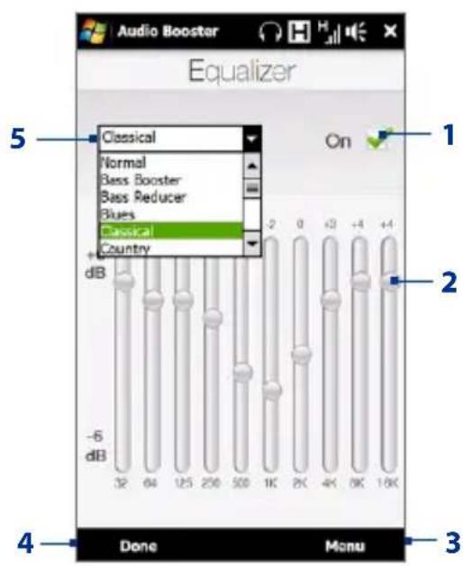 Audio Booster Equalizer 5 Classical Normal Bass Booster Bass Reducer Blues Classical Country On 1 2 3 4 5 6 -6 dB 32 64 125 200 500 1K 2K 4K 9K 1.6K Done Menu