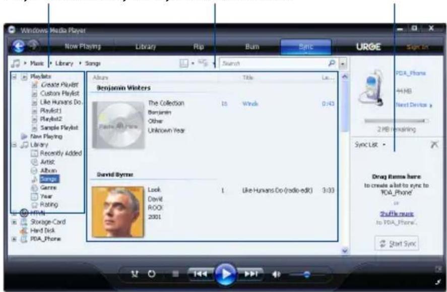 Windows Media Player Now Playing Library Rap Bum Sync UROE Sign In Music Library Songs Search Album Title Le... Benjamin Winters The Collection 10 Wink 0:43 Benjamin Other Unknown Year Pasta All Phone 2 MB Remaining Recently Added Artist Album Songs Genre Year Rating David Byrne Look: David ROOT: 2001 Like Hunkans Co (radio-edk) 3:33 Drag Names here to create a list to sync to POA_Phone/ or Snuffle music to PDA_Phone. Start Sync