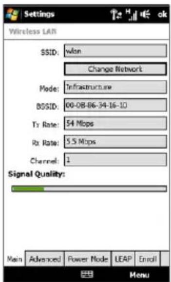Settings Wireless LAN SSID: won Change Network Mode: Infrastruct.exe BSSID: 00-08-86-34-16-10 Tx Rate: 54 Mbps Rx Rate: 5.5 Mbps Channel: 1 Signal Quality: Main Advanced Power Mode LEAP Enroll Menu