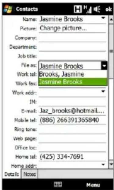 Contacts Name: Jasmine Brooks Picture: Change picture... Company: Department: Job title: File as: Jasmine Brooks Work tel: Brooks, Jasmine Work fox: Jasmine Brooks Work addr: IM: E-mail: Jaz_brooks@hotmail.... Mobile tel: (886) 266391365840 Ring tone: Web page: Office loc: Home tel: (425) 334-7691 Home addr: Details Notes Menu
