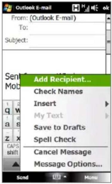 Outlook E-mail From: (Outlook E-mail) To: Subject: Send Mob Add Recipient... Check Names Insert My Text Save to Drafts Spell Check Cancel Message Message Options...