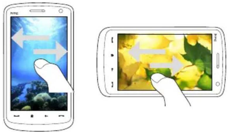 Illustration showing a hand interacting with an HTC smartphone displaying a digital interface with arrows and floral background.