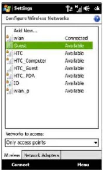 Settings Configure Wireless Networks Add New... wlan Connected Guest Available HTC Available HTC_Computer Available HTC_Guest Available HTC_PDA Available ID Available wlan_p Available Networks to access: Only access points Wireless Network Adapters Connect Menu