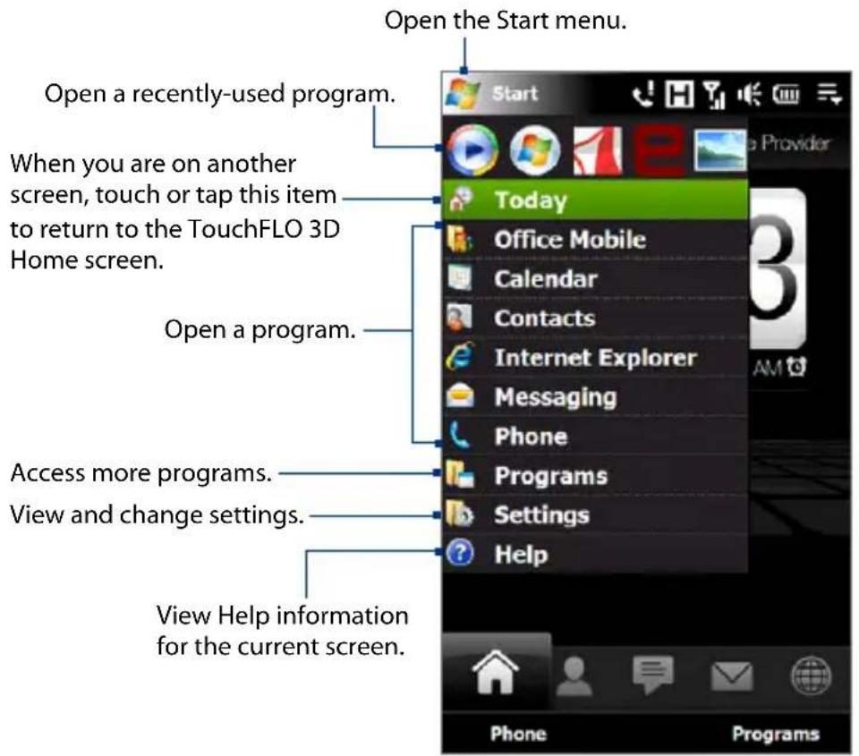 Open the Start menu. Open a recently-used program. When you are on another screen, touch or tap this item to return to the TouchFLO 3D Home screen. Open a program. Access more programs. View and change settings. View Help information for the current screen.