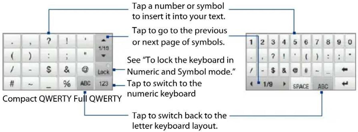 Tap a number or symbol to insert it into your text. Tap to go to the previous or next page of symbols. See "To lock the keyboard in Numeric and Symbol mode." Tap to switch to the numeric keyboard Compact QWERTY Full QWERTY Tap to switch back to the letter keyboard layout.