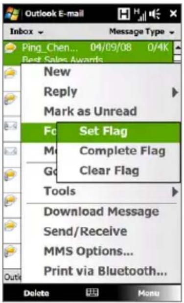 Outlook E-mail Message Type Peng_Chen... 04/09/08 0/4K Best Sales Awards New Reply Mark as Unread Fc Set Flag M Complete Flag Go Clear Flag Tools Download Message Send/Receive MMS Options... Print via Bluetooth... Delete Menu