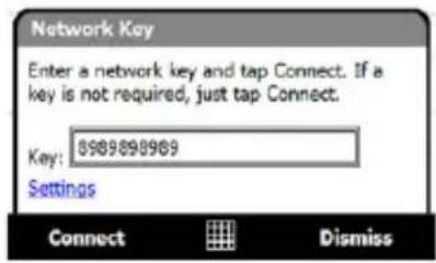 Network Key Enter a network key and tap Connect. If a key is not required, just tap Connect. Key: 8989898969 Settings Connect Dismiss