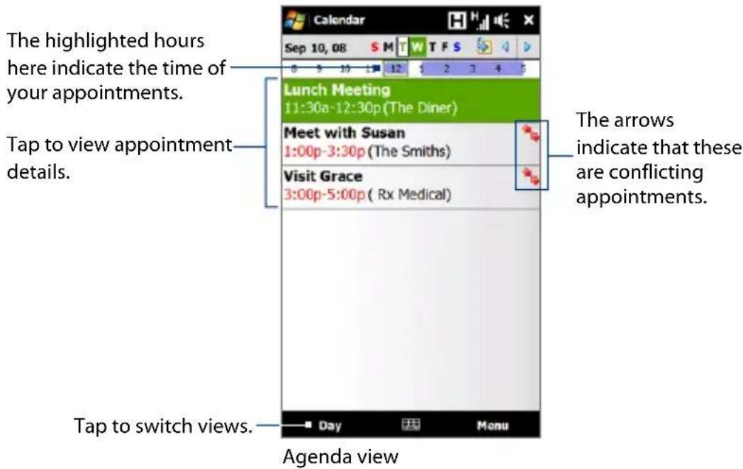 The highlighted hours here indicate the time of your appointments. Tap to view appointment details. Lunch Meeting 11:30a-12:30p (The Diner) Meet with Susan 1:00p-3:30p (The Smiths) Visit Grace 3:00p-5:00p (Rx Medical) The arrows indicate that these are conflicting appointments. Tap to switch views. Agenda view