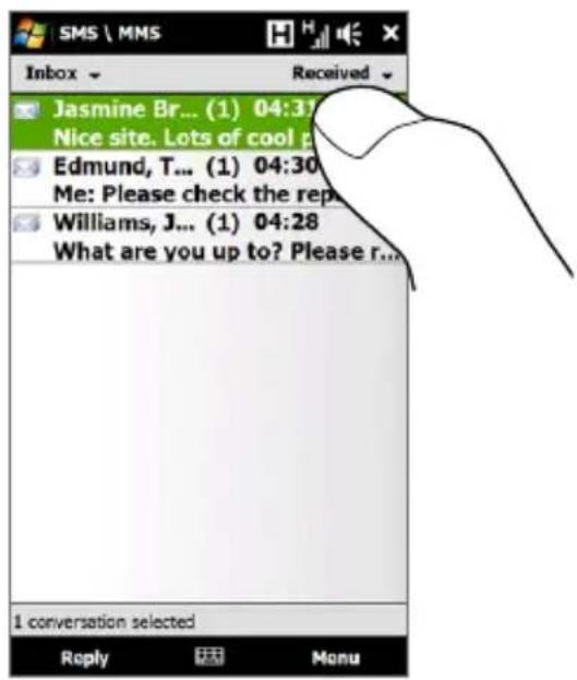 SMS \ MMS Inbox Received Jasmine Br... (1) 04:37 Nice site. Lots of cool p Edmund, T... (1) 04:30 Me: Please check the rep Williams, J... (1) 04:28 What are you up to? Please r... 1 conversation selected Reply Menu