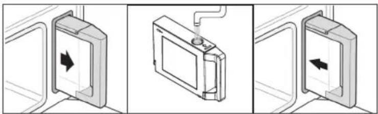 Three-step diagram showing a device with directional arrows, connected by wires (no text or symbols)