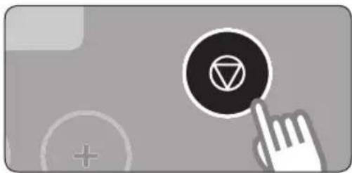 Abstract graphic with a hand cursor clicking a circular button containing a white symbol (no text or numbers)