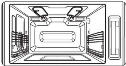 Top-down line drawing of a microwave oven with internal compartments and ventilation slots (no text or symbols)