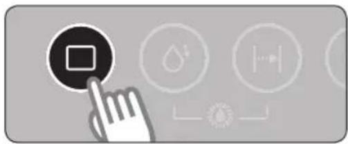 User interface with a hand cursor clicking a button and icons on a gray background (no text or symbols)