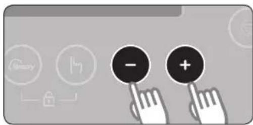 Diagram showing two finger buttons labeled '−' and '+', with icons for memory, play, lock, and lock icon below them.