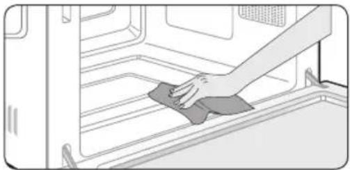 Illustration of a hand cleaning a kitchen appliance with a cloth (no text or symbols)