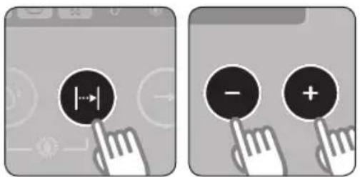Two grayscale UI icons showing a hand cursor clicking a button with a double arrow symbol, followed by a minus sign and plus sign.