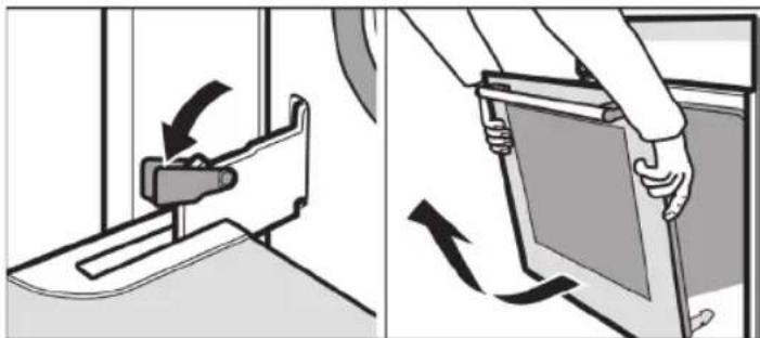 Illustration showing a device being locked in a door, with arrows indicating clockwise motion (no text or symbols)