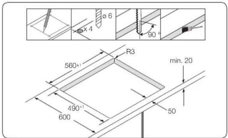 ø 6 x 4 90° R3 560±1 min. 20 490+1 600 50
