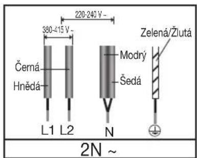 220-240 V - 380-415 V - Černá Hnědá L1 L2 N Zelená/Žlutá Modrý Šedá 2N ~