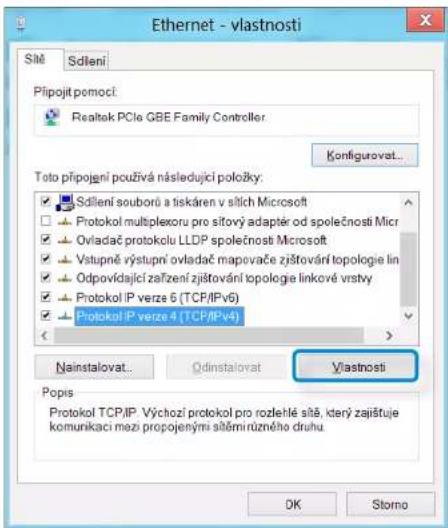 Ethernet - vlastnosti SME Sdleni Připojit pomoci: Realtek PCIe GBE Family Controller Koconfigurovat... Toto připojení používá následující položky: Sdileni souborů a tiskáren v sitích Microsoft Protokol multiplexoru pro sítový adaptér od společností Micr Ovladač protokolu LLDP společností Microsoft Vstupně výstupní ovladač mapovače zjištování topologie lin Odpovídající zařízení zjištování topologie linkové vrstvy Protokol IP verze 6 (TCP/IPv6) Protokol IP verze 4 (TCP/IPv4) Nainstalovat... Qdinstalovat Vlastnosti Popis Protokol TCP/IP. Výchozí protokol pro rozlehlé slě, který zajištuje komunikaci mezi propojenými sitěmírůzného druhu. OK Storno