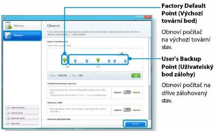 Factory Default Point (Výchozí tovární bod) Obnoví počítač na výchozí tovární stav. User's Backup Point (Uživatelský bod zálohy) Obnoví počítač na dříve zálohovaný stav.