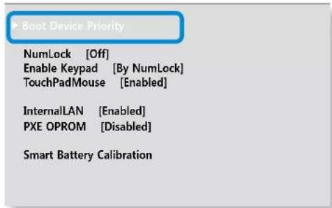 Boot Device Priority NumLock [Off] Enable Keypad [By NumLock] TouchPadMouse [Enabled] InternalLAN [Enabled] PXE OPROM [Disabled] Smart Battery Calibration