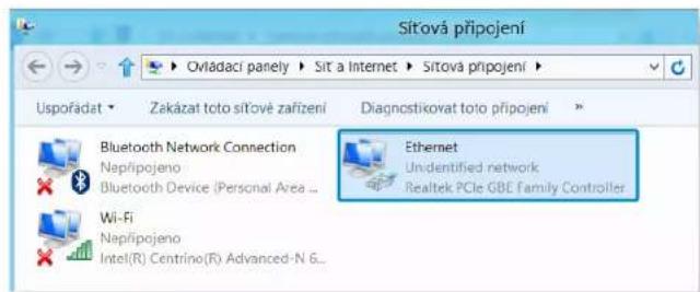 Sítová připojení Uspořádat Zakázat toto sítové zařízení Diagnostikovat toto připojení Bluetooth Network Connection Nepřipojeno Bluetooth Device (Personal Area ... Wi-Fi Nepřipojeno Intel(R) Centrino(R) Advanced-N 6... Ethernet Unidentified network Realtek PCIe GBE Family Controller