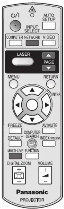 0/1 INPUT SELECT AUTO SETUP COMPUTER NETWORK VIDEO LASER PAGE MENU RETURN ENTER FREEZE AV MUTE DEFAULT COMPUTER SEARCH INDEX-WINDOW MULTI-LIVE FUNCTION DIGITAL ZOOM VOLUME Panasonic PROJECTOR
