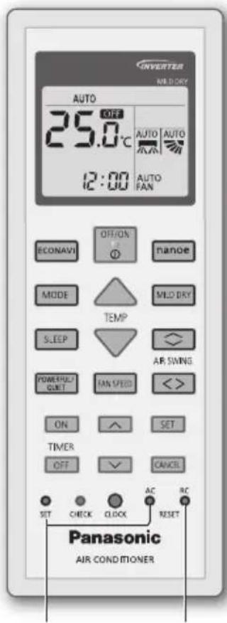 INVERTER HOLD DRY AUTO 25.0°C AUTO AUTO 12:00 AUTO FAN ECONAVI OFF/ON MODE MLO DRY SLEEP AIR SWING POWERFUL FAN SPEED ON SET TIMER OFF CANCEL SET CHECK CLOCK AC RC Panasonic AIR CONDITIONER