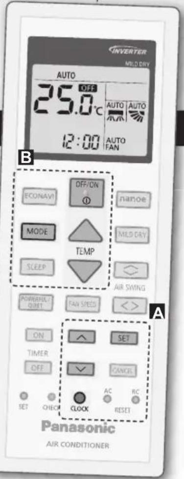 INVERTER MILD DRY AUTO 25.0°C 12:00 AUTO AUTO FAN ECONAVI OFF/ON ① NAMOE MODE TEMP MILD DRY SLEEP AIR SWING POWERFUL QUINT FAN SPEED <>> ON SET TIMER OFF CANCEL SET CHECK CLOCK AC RC RESET Panasonic AIR CONDITIONER
